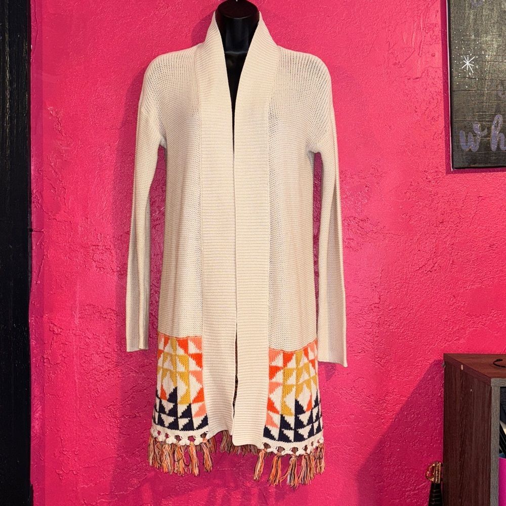 Roxy Near Future open Front Fringe cardigan with Aztec geometric pattern. Sz M